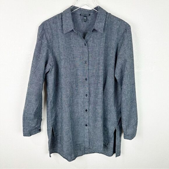 Eileen Fisher Black Organic Cotton Blouse Button Down Lagenlook Artsy Boho Med - Picture 1 of 5